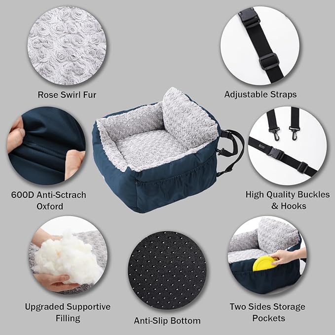 Dog Car Seat for Small Dogs,Washable Pet Booster Seats for Car with Clip-On Safty Leash, Reversible Puppy Carseat with Storage Pockets, Travel Carrier Bed for Dogs Under 25 lbs, Blue