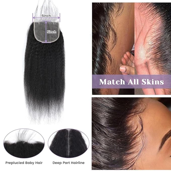 Selina Hair 5x5 Lace Closure Human Hair Kinky Straight Free Part Yaki Brazilian Virgin Hair Natural Black Color 18 Inch