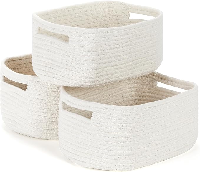 Bidtakay Small Cotton Rope Storage Baskets for Organizing 3 Pack Woven Baskets for Storage Closet Organizer Bins for Shleves 11.8×7.8×5 inch Cute Boho Decorative Basket with Handles - Off White