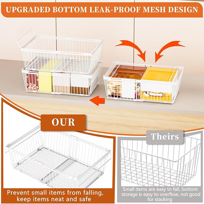 Large Freezer Organizer Bins，Upgraded Bottom Leak-Proof net，4 Pack， Expandable Stackable Chest Freezer Containers with Handle，for Fridge, Deep Freezer, Cabinet, Kitchen, Pantry (White-4Pack)