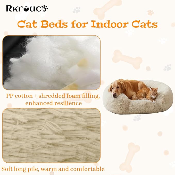 Fluffy Dog Bed Calming Donut Beds for Large Dogs Warming Round Small Medium Pet Nest Cozy Cat Mattress Indoor Washable Puppy Kennel Kittens Sleep Mat (S, 23.6×23.6 inch, Khaki)