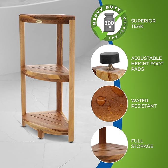 EcoDecors SnazzyCorner Natural Teak Corner Shower 3 Tier Shelf – Bathroom Organizer | Natural Wood Colors | Waterproof Teak Shower Caddy | Bathroom Storage & Organization | 33 Inches Tall