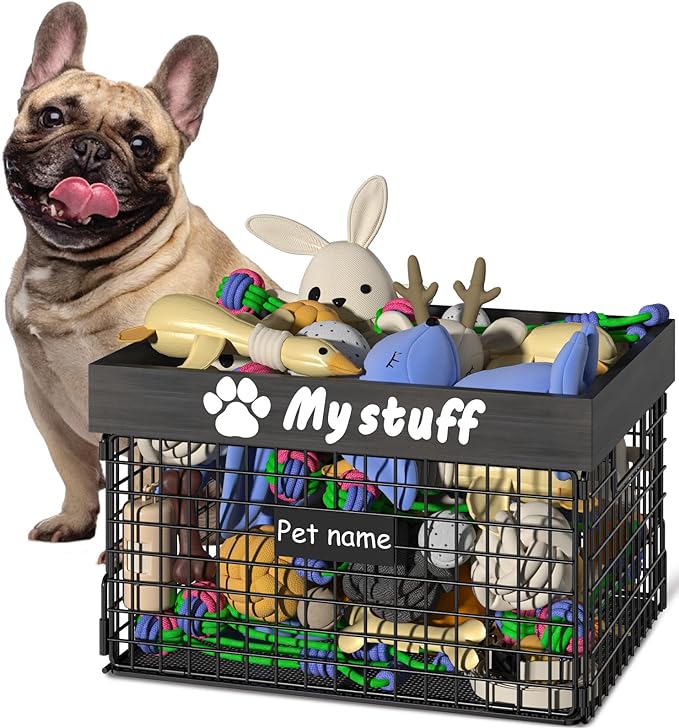 Dog Toy Bin Toy Basket Metal Storage Box with Handles Dog Organizer Chew-Proof Dog Toy Box Blankets Leashes Chest Puppy Dog Toy Storage Wood Metal Container Home Decor Pet Toys Dog Cat