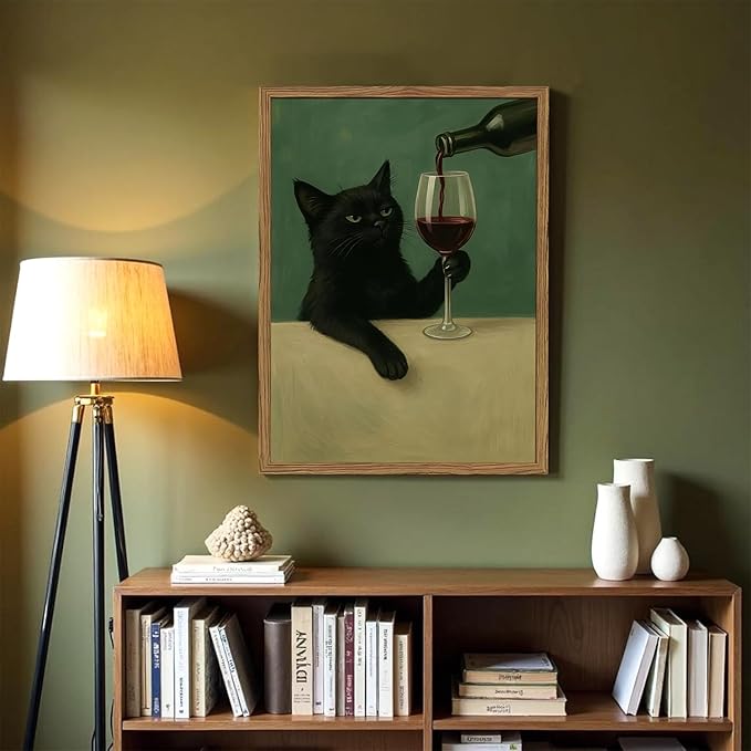Funny Black Cat Wall Art Moody Black Cat with Wine Glass Wall Decor Whimsical Animal Bar Cart Poster Canvas Prints for Living Room Bedroom 16x24 inch Wood Framed