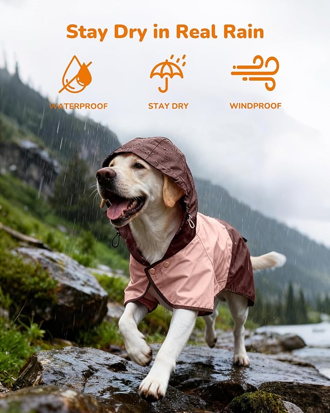 Dog Raincoat, Waterproof Dog Rain Jacket with Hood, Rain Coat for Large Dogs with Leash Hole, Raincoat Extended Dog Poncho Coverage to The Leg, Easy On/Off Rainwear Pink, L