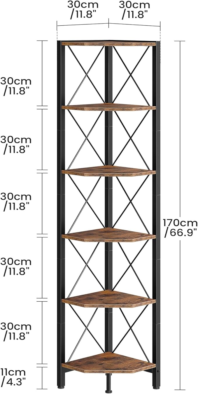 6-Tier Corner Shelf, Corner Bookcase, 66.9" Tall Vertical Display Rack, Plant Stand, Open Storage Shelf, for Living Room, Bedroom, Study, Kitchen, Rustic Brown and Black TCJ13BF