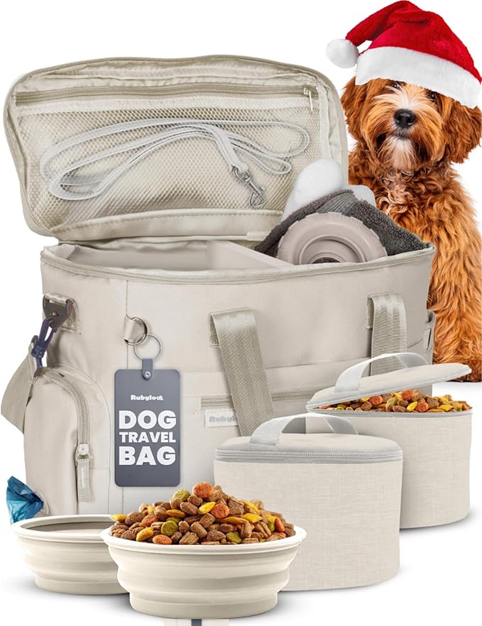 The Original Doggy Bag™- Dog Travel Bag for Supplies - Ultimate Gift for Dog Moms & Dads, Doggy Lovers & Pet Owners for Christmas- Includes 2 BPA-Free Travel Bowls and 2 Food Containers: Beige