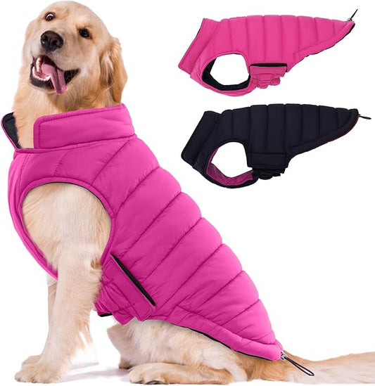 Lelepet Reversible Dog Coat Waterproof Dog Jacket Windproof Puffer Vest for Winter Warm Lightweight Coats for Medium Dogs Adjustbale Hook & Loop Pet Apparel with Leash Hole, French Bulldog, Rose Red L