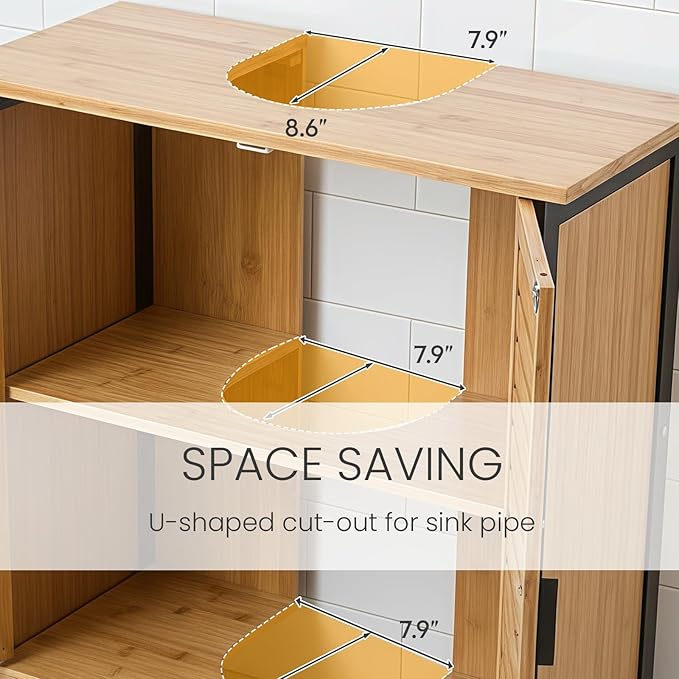 24" Bamboo Pedestal Under Sink Storage Vanity Cabinet, Solid Waterproof Sliding Door Bathroom Organizer with Adjustable Shelf, Modern Bathroom Furniture(for Floor Drain)