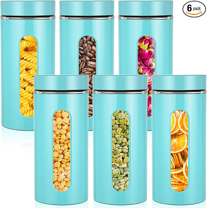 Patelai 6 Pack Kitchen Canisters Set Airtight Stainless Steel Canister Food Storage Container with Window Glass, Coffee Sugar Candy Jars Tea Organizer for Flour Cookies Spice(Turquoise,44 oz)