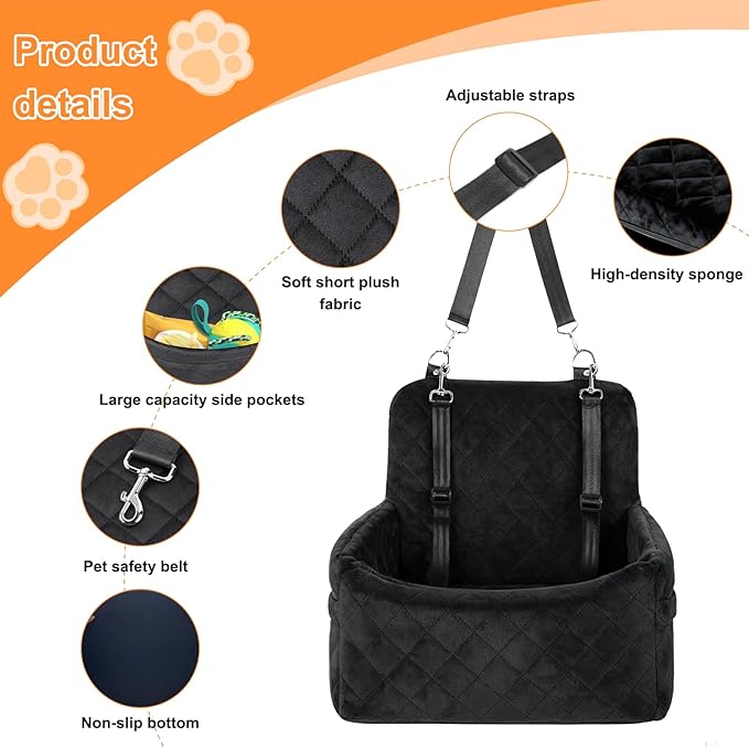 Dog Car Seat for Small/Medium Dogs, Memory Foam Dog Booster Seat up to 35lbs, Detachable Washable Pet Car Seat with Storage Pockets, Portable Pet Travel Bed with Seat Belt, Anti-Slip Base Black