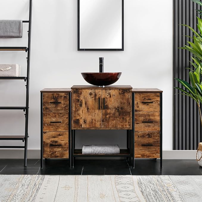 eclife 48" Bathroom Vanity Sink Combo Modern Metal Stand Cabinet W/Bottom Shelf & Storage Side Cabinets Brown Round Vessel Sink & Water Save Faucet & Pop Up Drain, Rustic Brown (A09)