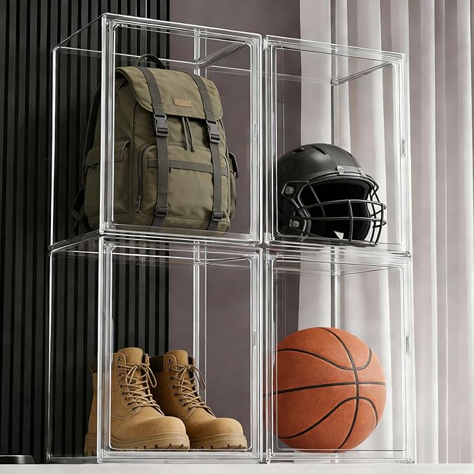 Extra Large 17.7" x 13" x 13" Clear Stackable Storage Bins, Acrylic Display Case with Lids, Storage Bins for Football & Motorcycle Helmet Showcase, Basketball, Large Figures Collectibles (1 Pack)