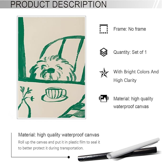 Funny Sneaky Dog Poster Abstract Coffee Breakfast Canvas Wall Art Modern Minimalist Animal Sketch Artwork Prints Painting For Living Room Kitchen Dining Room Wall Decor 24x36in Unframed