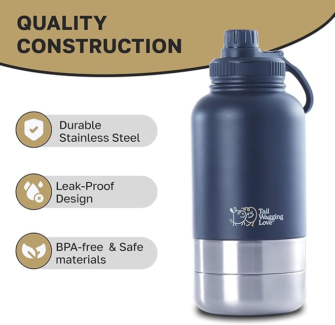32oz 3-in-1 Portable Dog Travel Water Bottle, Food & Hydration Bottle - Dual Use for Humans & Pets with Detachable Bowls, Stainless Steel, Keeps Water Hot for 6hrs & Cold for 12hrs
