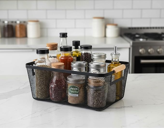 2-Pack Metal Mesh Basket, Large Wire Storage Organizer with Wood Handle for Kitchen Pantry, Bathroom, Cabinet, Closet, Picnic & Home Organization, Large, Black