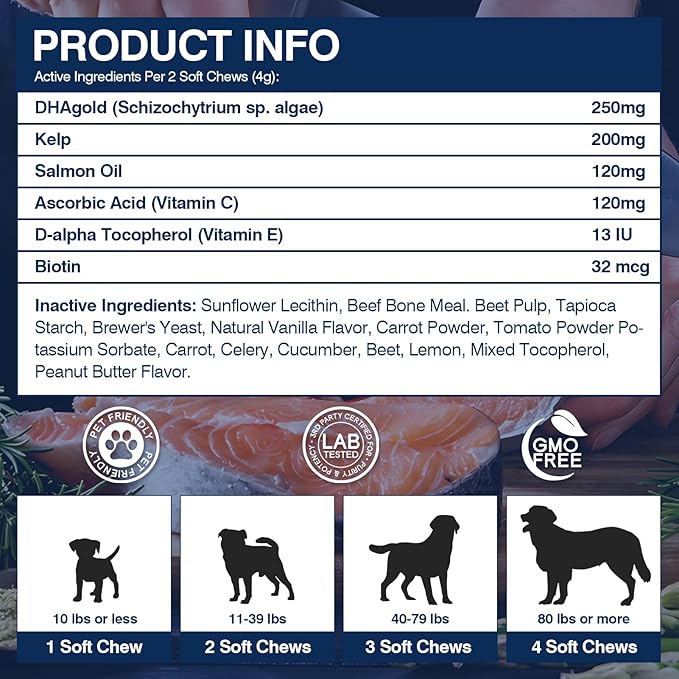Omega 3 Skin and Coat Supplement for Dogs 200 Chews Dog Fish Oil Supplements with EPA & DHA Fatty Acids Dry Skin Relief for Dogs Shedding Allergy Itching Promotes Heart Hip Joint(Peanut Butter)
