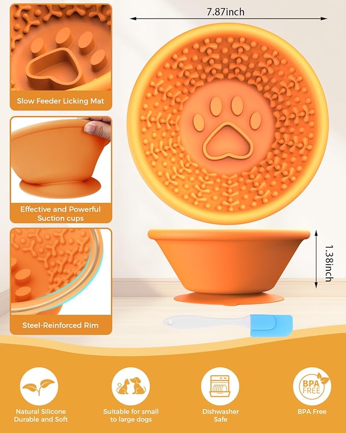 Dog Slow Feeder Lick Bowl to Prevent Fast Eating, Steel Reinforced Rim, Non-Slip Suction Base, BPA-Free Silicone, Dishwasher & Freezer Safe, Helps Extend Mealtime & Keep Dogs Calm(Orange)
