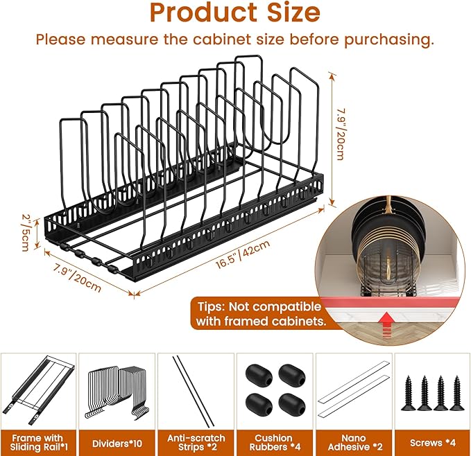 Housolution 1 Pack Pull Out Pot and Pan Organizer for Under Cabinet, Slide Out Pot Lid Organizer with 10 Adjustable Dividers, Sliding Pan Holder Storage Rack Inside Cabinet, Black