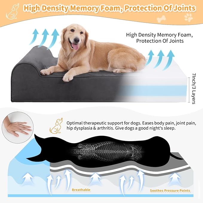 Orthopedic Dog Beds for Large Dogs, 7" Memory Foam Dog Beds with Waterproof Liner, Chew Proof Microsuede Cover, Removable and Washable, Nonskid Bottom, 60"x48"x7" XXL Grey