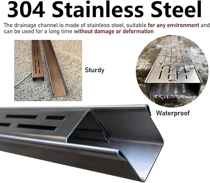 Slim Outdoor Channel Drain Kit, 304 Stainless Steel Low Profile Trench Drainage System, Durable Terrace Drain with 3.5x3cm/1.4x1.2in Size, Ideal for Effective Water Management