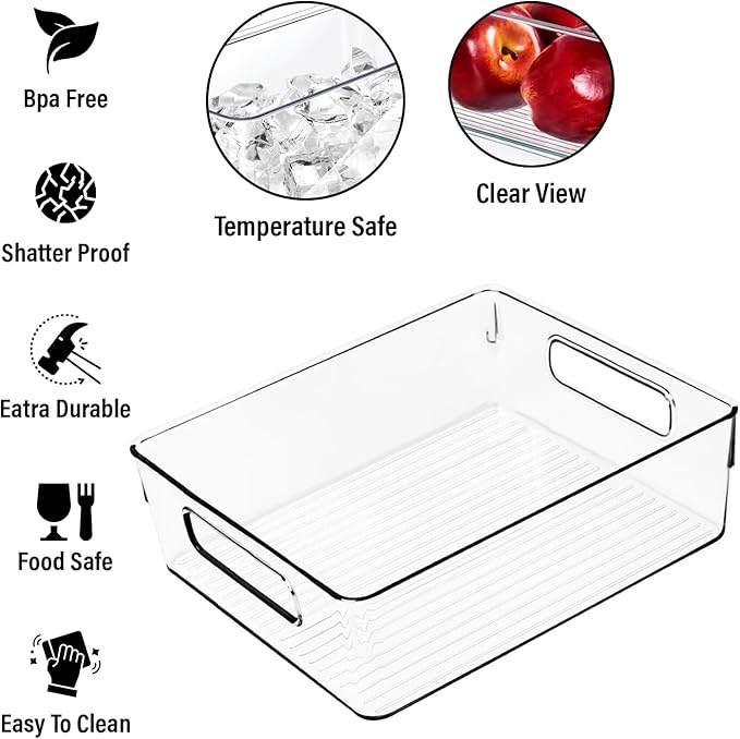 Stackable clear storage bins organizing pantry shelves with food items
