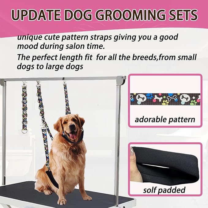 Dog Grooming Belly Straps - Grooming Loops Belly Support Band Dogs Grooming Table Arm Accessories with Cute Paw and Bone Pattern Restraint Noose Loop for Small to Large Dogs (Sky Blue)