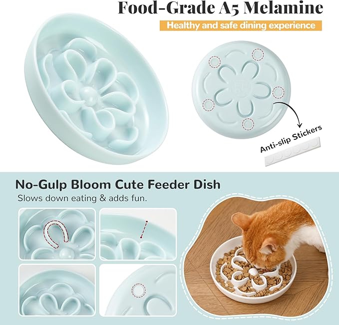 Melamine Cat Slow Feeder Bowl Set - Floral Maze Food Dishes for Cats and Small Dogs - Shallow Wide Plates for Dry & Wet Food - 3 Pack - White & Pink & Green