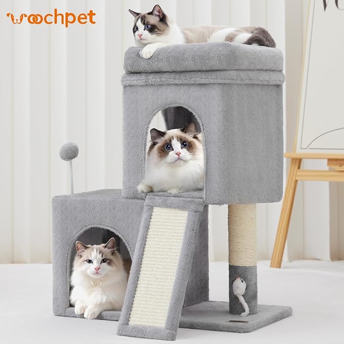 24inch Tall Cat Tree with 2 Cat Condo and Mouse Toy Cozy Small Cat Tower with Scratching Post and Board for Kitties and Small Cats.（Light Grey） (22 * 13 * 28)