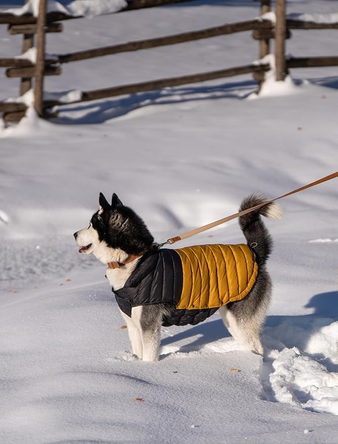 SPACE LION Dog Puffer Jacket, Down Winter Coat, Durable Outdoor Coat for Cold and Windy Conditions, Lightweight & Adjustable Fit Coats for Medium & Large Dogs,(BlackKhaki, Size18/L+)
