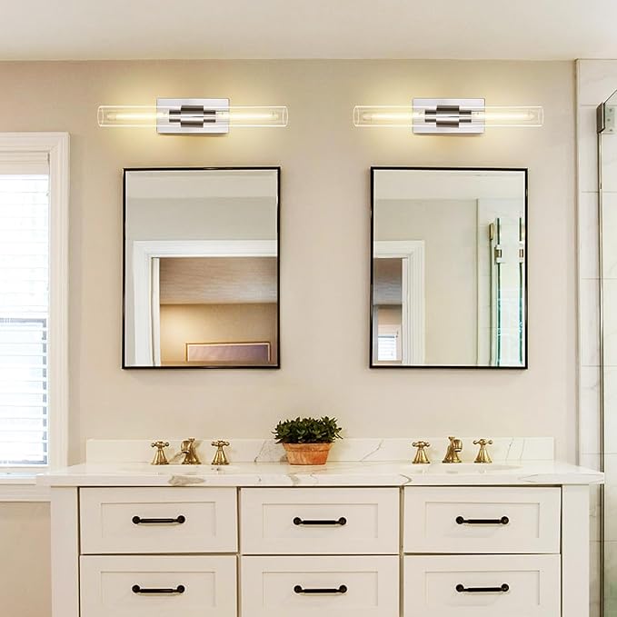 Chrome Wall Sconces, 22.8" Bathroom Sconces, Indoor Sconces Wall Lighting Up and Down, Nickel Wall Sconce Set of Two Dimmable, Vanity Lights for Bathroom with Tube, Glass Sconce for Bedroom, Staircase