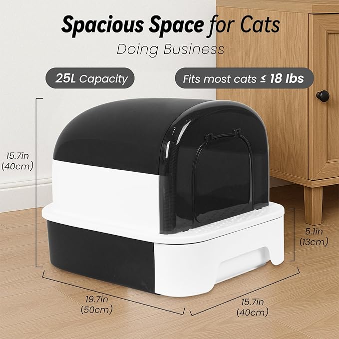 Enclosed Litter Box with Front Door Flap and Scoop, Covered Kitty Litter Box with Handle and Buckles for Portability and Privacy (Shining Black)