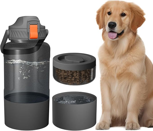 53oz Large Dog Water Bottle with Water & Food Bowl, 3-in-1 Portable Pet Feeding & Hydration Dispenser for Large Dogs & Humans, Leak-Proof Tritan Bottle for Hiking, Camping, Walking, Car Trips