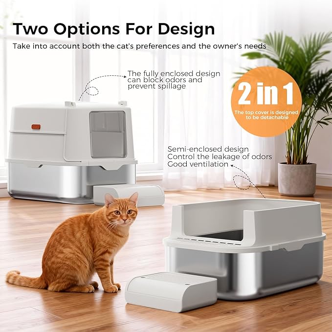 GTPLAYER XL Enclosed Stainless Steel Cat Litter Box with Lid, High-Sided 304 Metal Covered Litter Pan for Large Cats, Leak-Proof Non-Stick Design with Scoop, Step & Mat, Classic Gray