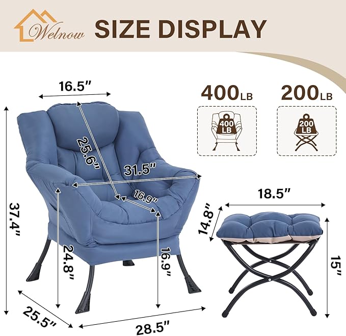 Welnow Lazy Chair with Ottoman, Modern Lounge Accent Chair with Armrests and a Side Pocket, Leisure Sofa Armchair, Reading Armchair with Footrest for Small Space, Royal Blue