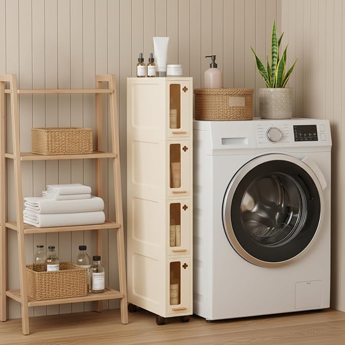 Weysat Narrow Bathroom Storage Cabinet with Wheels Slim Storage Organizer with Transparent Doors and Shelves for Small Space, Bathroom, Bedroom, Kitchen(4 Tiers)
