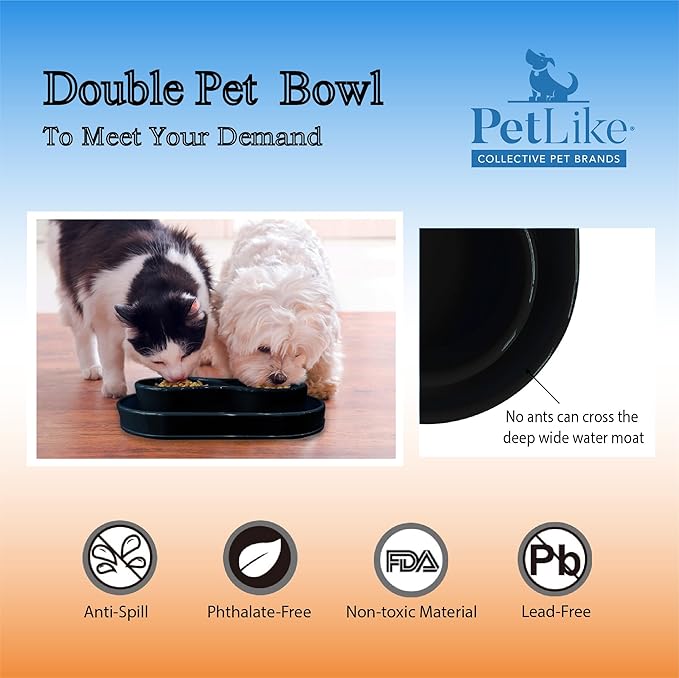 PetLike Double Dog Water and Food Bowls,Pet Feeder Bowls for Puppy Medium Dogs Cats (Black, 15.5X9.5X2.75 INCH)