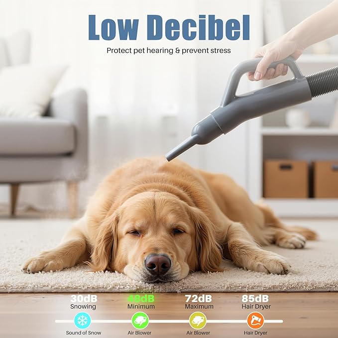 DUMOS Pet Blow Dryer Grooming Vacuum Kit, Dog Dog Hair Dryer with Adjustable Wind Speed & Heater Temperature, Cool-Warm-Hot Cycle Mode, 4 Nozzles, 6.5 FT Cord for Low Noise Cat Hair Remover, Grey