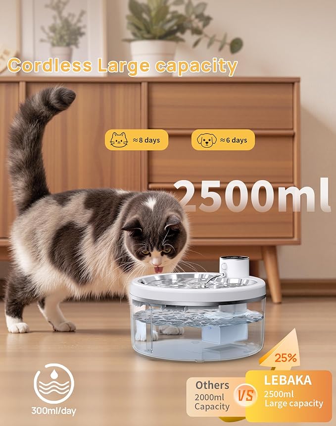 Wireless Cat Water Fountain with Stainless Steel Tray, 84oz/2.5L Pet Water Fountain for Cats Inside, Cat Fountain for Drinking with Motion Sensor, Ultra Quiet Pump for Pets& Small Animals (8Filters)
