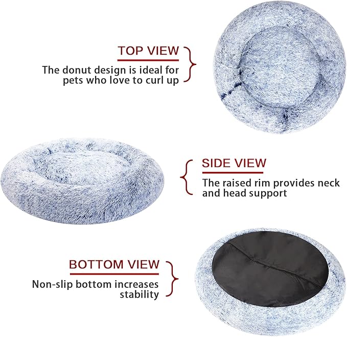 Bedfolks Calming Donut Dog Bed - 36 Inch Round Plush Beds for Large Dogs, Anti-Anxiety Machine Washable (Navy Blue, Large)