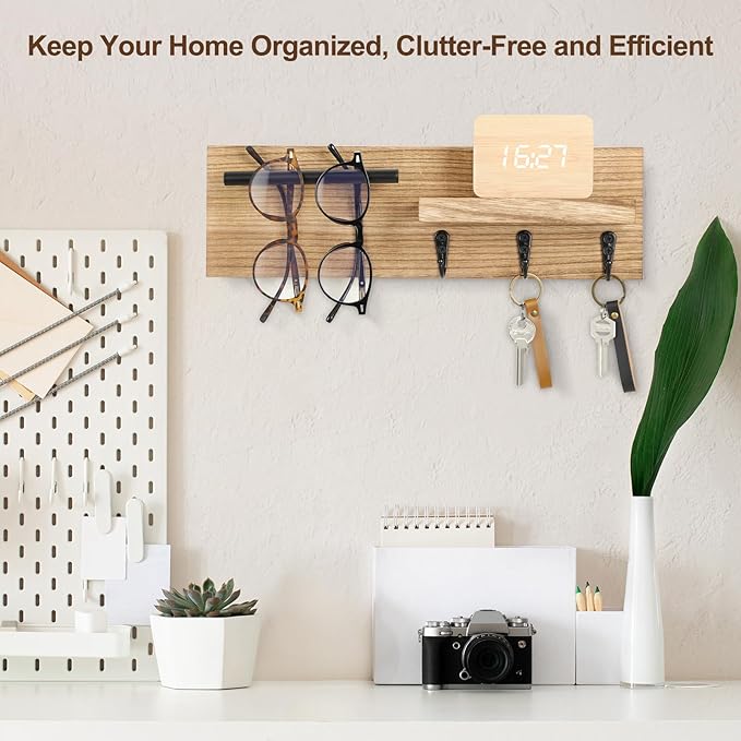 Key Holder for Wall, Decorative Entryway Shelf with Hooks Holds Keys, Dog Leash, Sunglasses – Key Hanger with 3 Hooks Organizes, Enhances Home Decor (15” x 4.5” x 2.6”) (Wood)