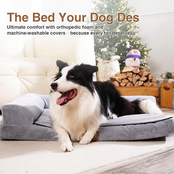 Dog lying on a gray pet bed with text about orthopedic foam and machine-washable covers.