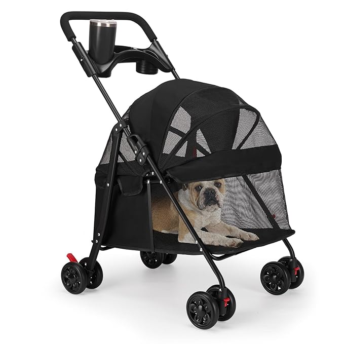Foldable Pet Stroller for Small/Medium Dogs & Cats up to 22 lbs - Lightweight 4-Wheel Design with Sun Canopy, Storage Basket & Breathable Mesh Windows