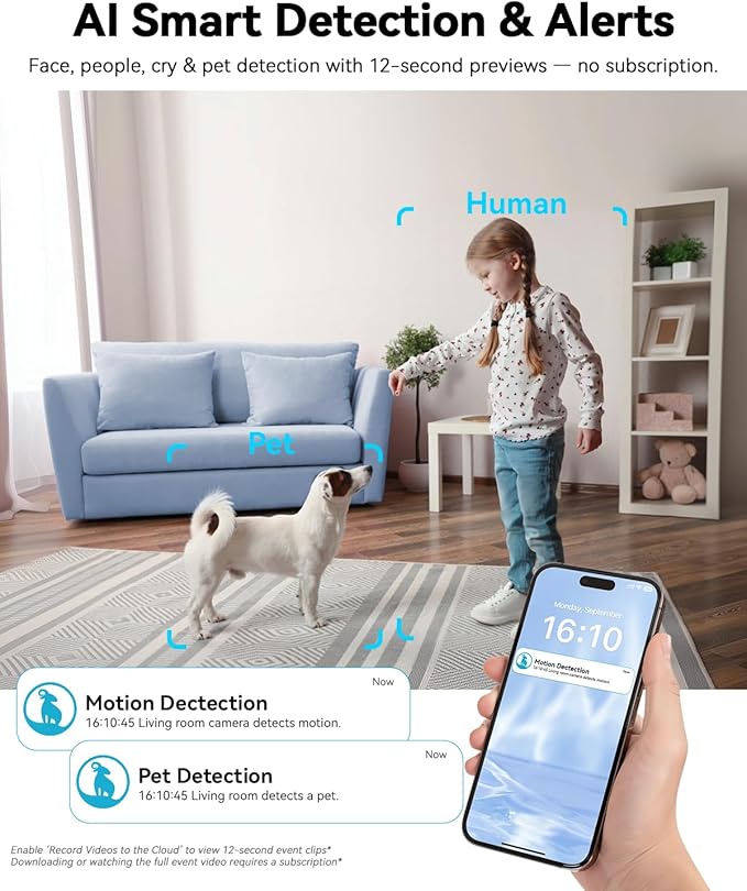 blurams 4K Indoor Cameras for Home Security, 360° PTZ Pet Camera with Phone App, One-Touch Call, Free Human/Pet/Motion/Sound/Cry Detection, Dual-Band WiFi 6, Work with Alexa