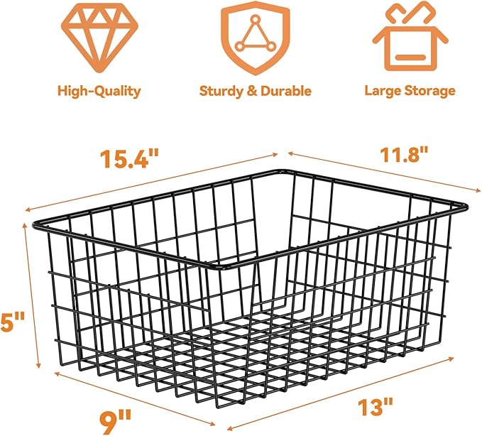 Extra Large Wire Baskets 6 Pack, Sturdy Metal Basket Storage Bin with Handle, Pantry Organization for Kitchen Cabinet, Black