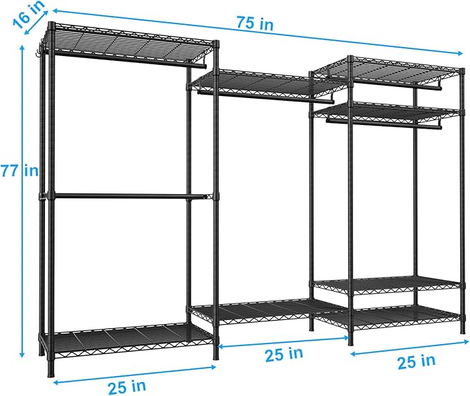 Ulif E13 Pro Heavy Duty Clothes Rack（With 4 Hanger Rods & 8 Shelves） Freestanding Clothing Racks for Hanging Clothes，Adjustable Closet，Metal Garment Rack 75" W x16 D x77 H，Max Load 1000LBS，Black