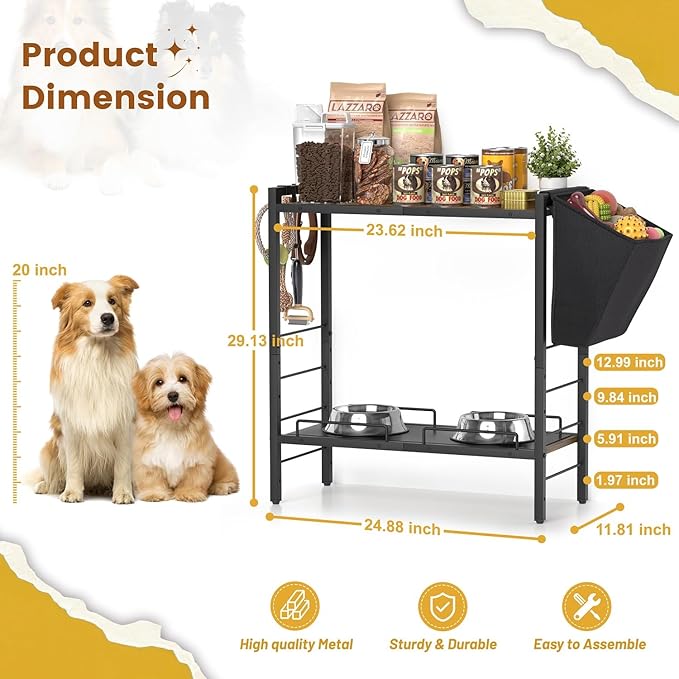 Elevated Dog Feeding Station, 23"D x11"W Large Raised Bowl Stand with Toy Basket Bin, 4 Height Adjustable Food Bowl Holder Cabinet Pet Storage Organizer for Medium Small Dogs Cats