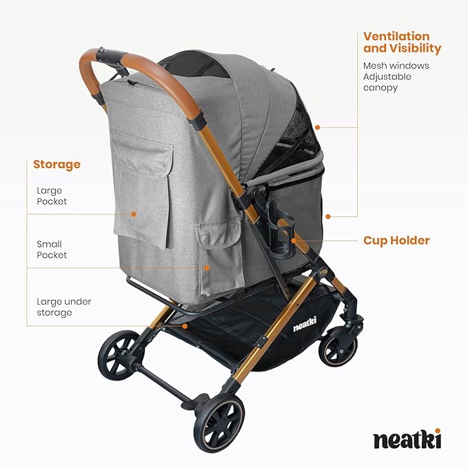 Foldable Pet Stroller for Dogs and Cats, 27.55x19.68x40.55, 33 lbs Capacity, 360° Swivel Front Wheels, One-Click Fold, Leash & Lock Clips, Removable Washable Padding, Cup Holder (Gray, 33 lbs)