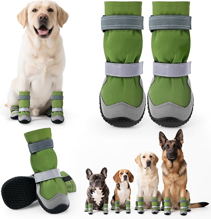 Winter Dog Snow Boots with Fleece Lining, Dog Shoes for Medium Large Size Dogs, Waterproof Dog Booties and Paw Protectors, Anti-Slip & Reflective Dog Shoes for Snow Outdoor, Hiking (Green-Size 2)