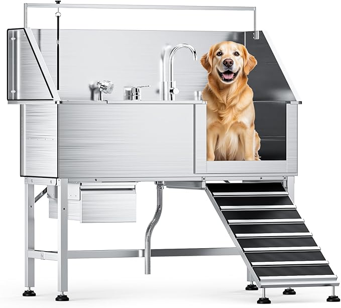 56" Professional Dog Washing Station, 304 Stainless Steel Pet Grooming Tub with Removable Ramp, 1.0mm Thick Anti-Rust Bath Tub, Adjustable Height & Detachable Faucet Kit for Dogs & Cats(Right Ramp)